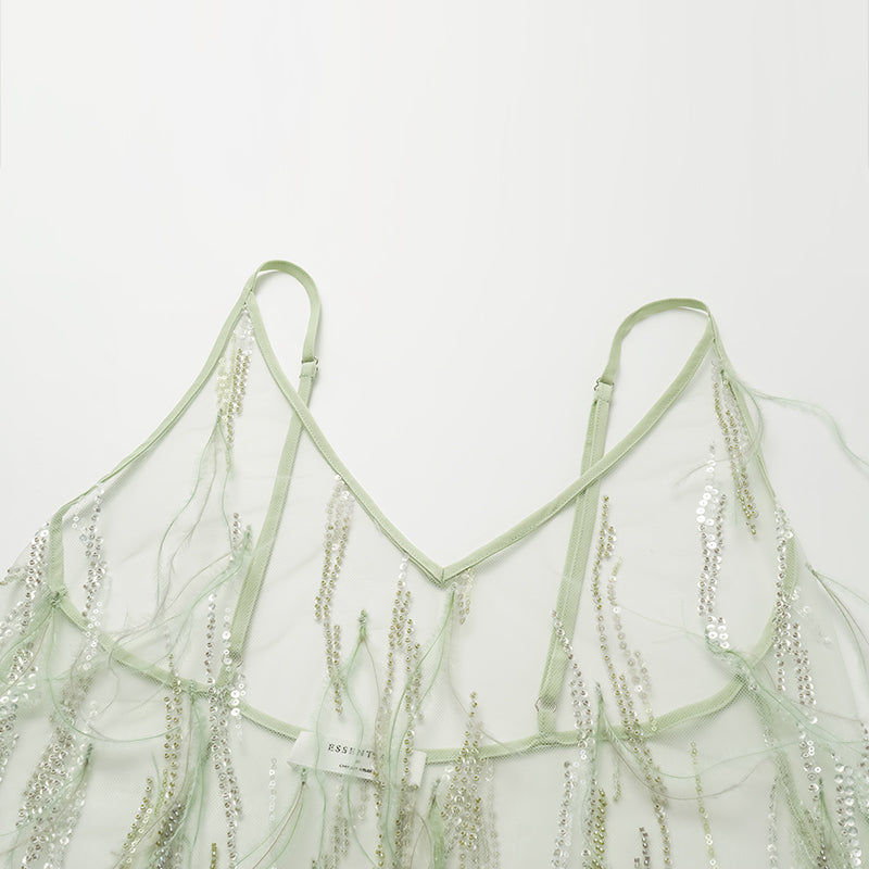 "Welcome to my party." Beaded feather spaghetti strap vest