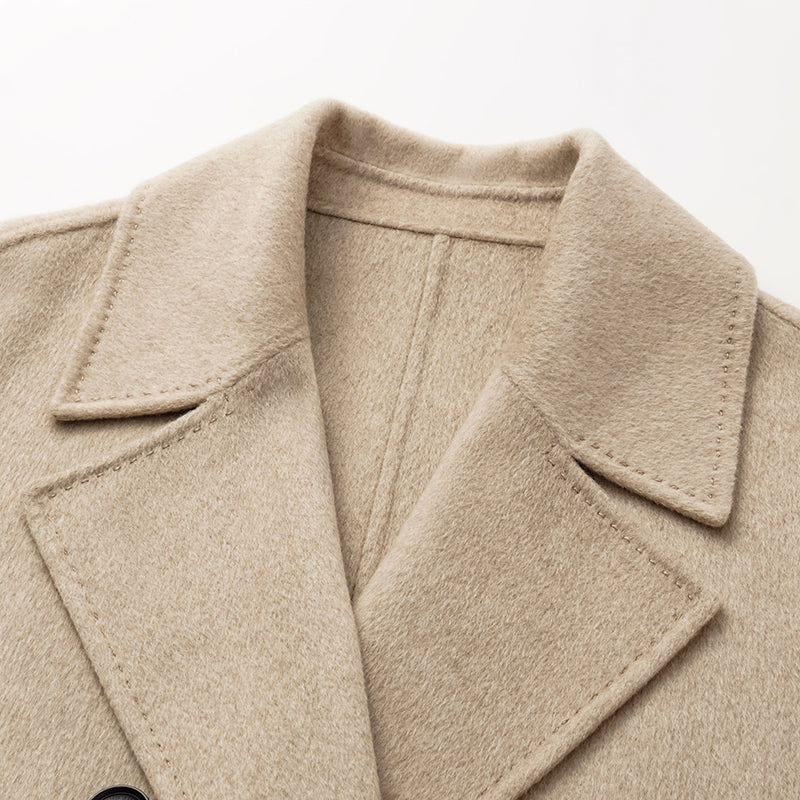 "Winter Diary" 100% Cashmere Double-faced Long Pile Craft Double-breasted Long Coat - Oatmeal