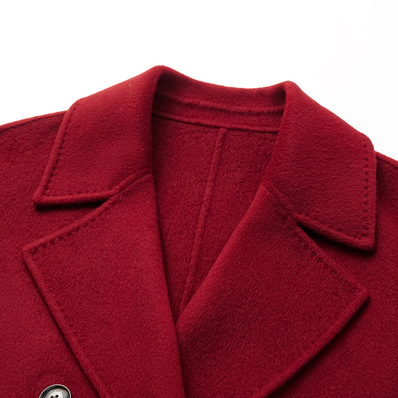 "Winter Diary" 100% Cashmere Double-faced Long Pile Double-breasted Long Coat - Dark Red