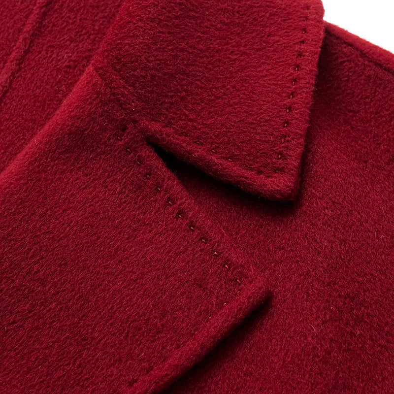 "Winter Diary" 100% Cashmere Double-faced Long Pile Double-breasted Long Coat - Dark Red