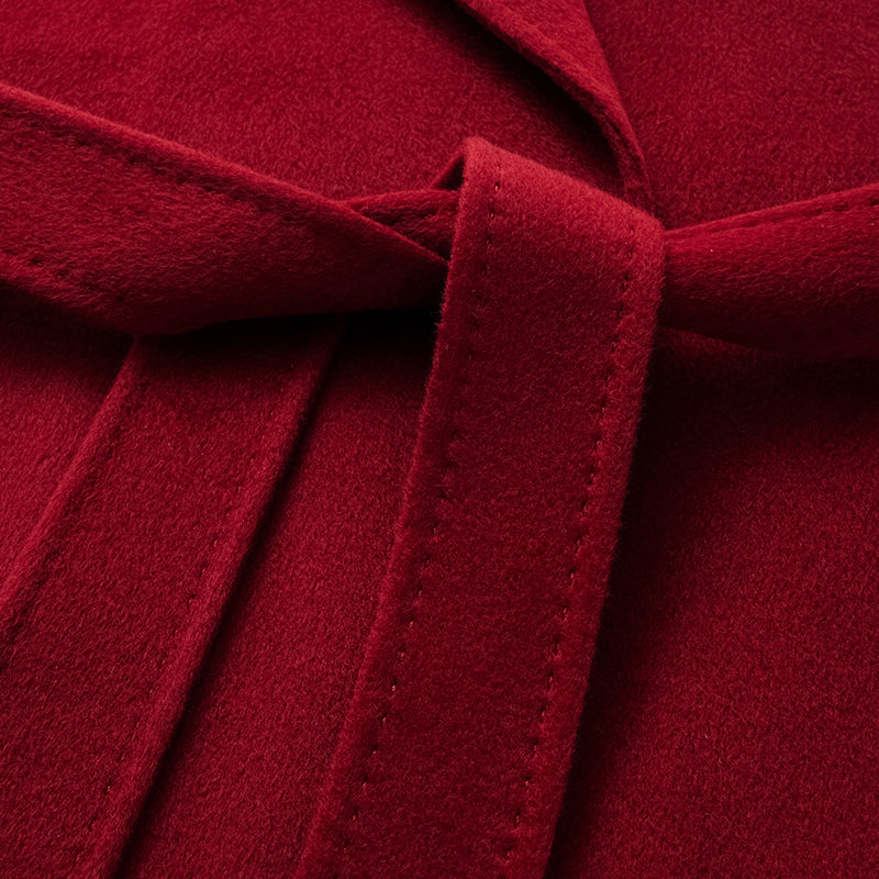 "Winter Diary" 100% Cashmere Double-faced Long Pile Double-breasted Long Coat - Dark Red