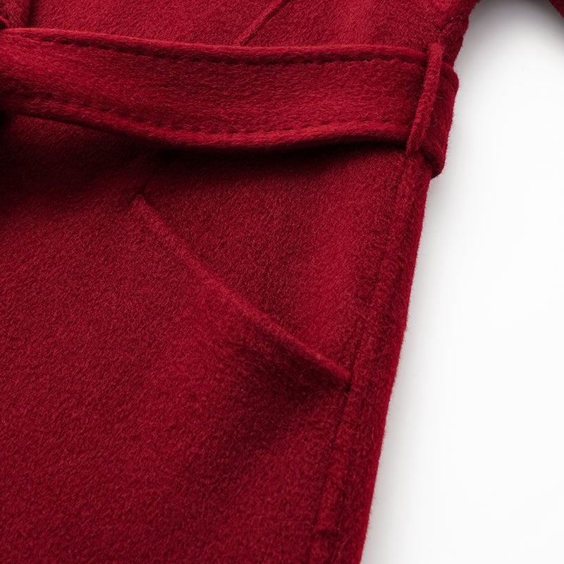 "Winter Diary" 100% Cashmere Double-faced Long Pile Double-breasted Long Coat - Dark Red