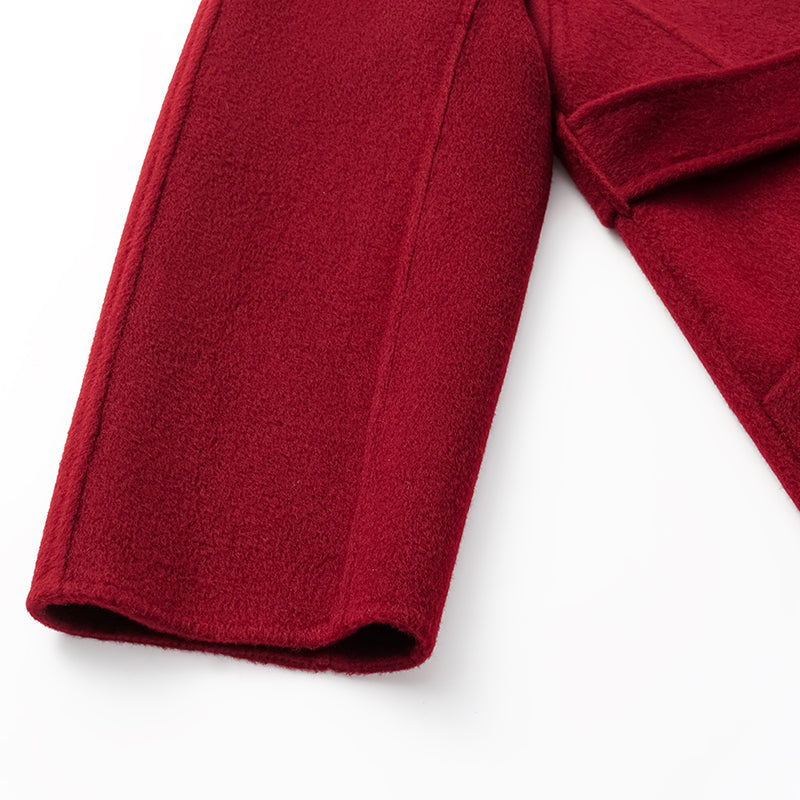 "Winter Diary" 100% Cashmere Double-faced Long Pile Double-breasted Long Coat - Dark Red
