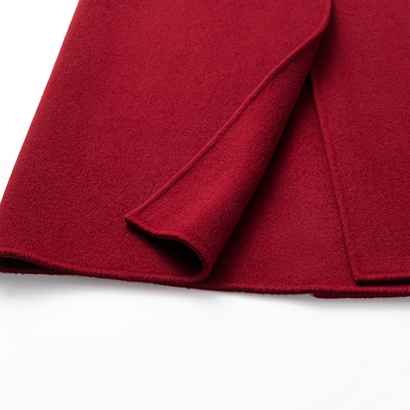 "Winter Diary" 100% Cashmere Double-faced Long Pile Double-breasted Long Coat - Dark Red