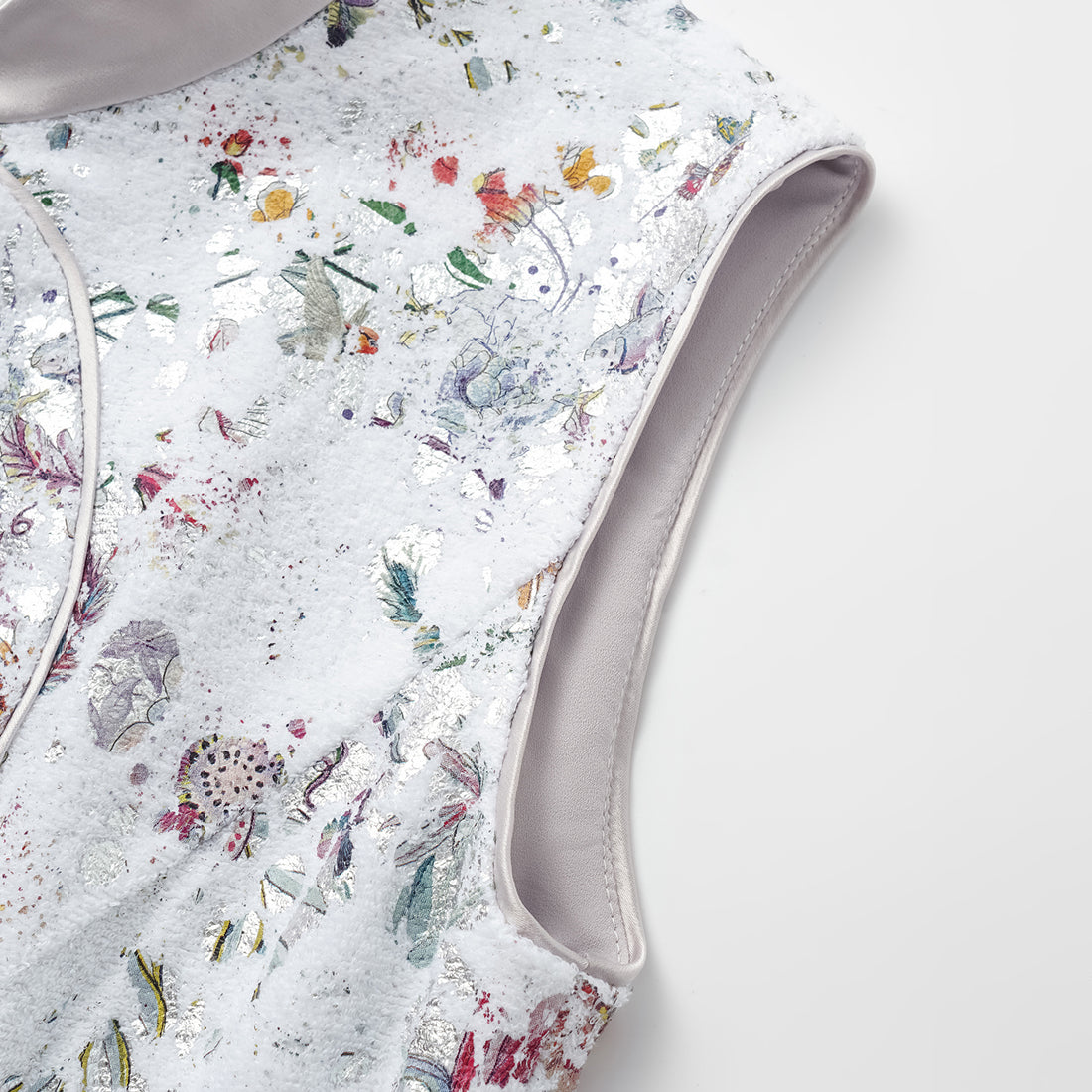 "Imperial Garden Teatime" Italian silver foil applique craft texture fabric light Chinese style cheongsam dress - Butterfly Shadow Dream