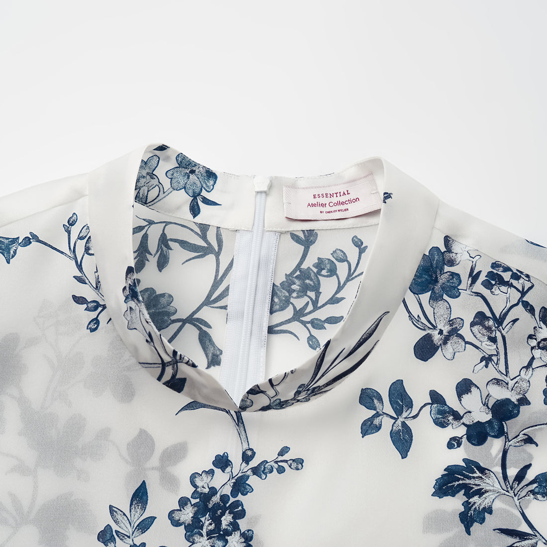 "Spring" Italian high-end custom-made silk organza light Chinese style top with painting and printing technology - Smoky Blue Whisper