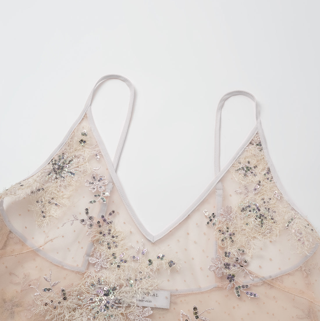 "Imperial Gala." Luxe lace and beaded spaghetti strap tank top