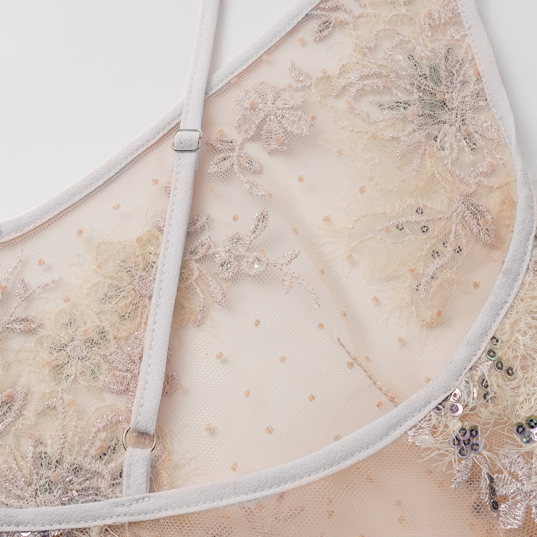 "Imperial Gala." Luxe lace and beaded spaghetti strap tank top