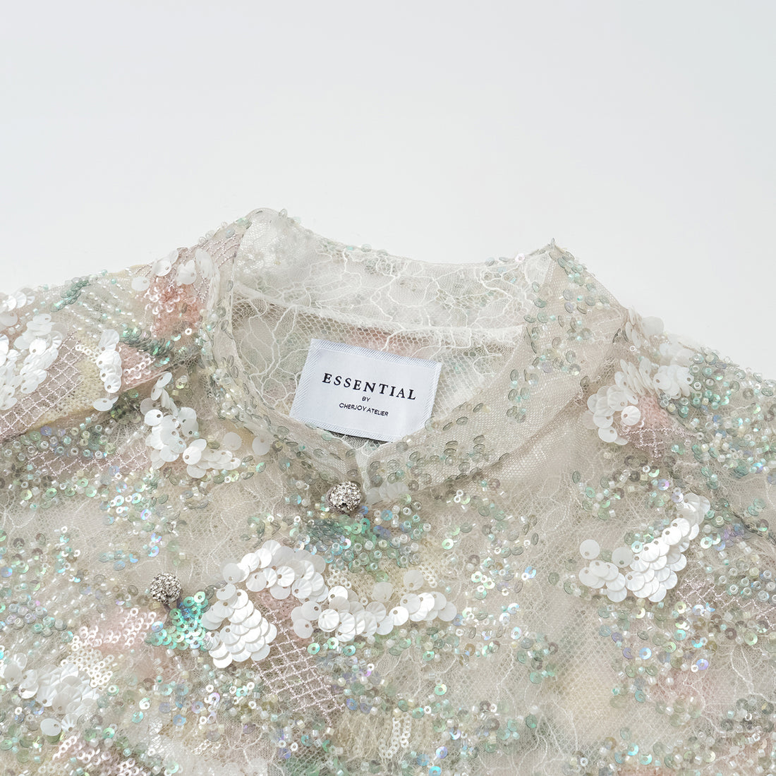 "Imperial Gala." Luxurious lace beaded light Chinese style blouse - sparse shadows and light smoke