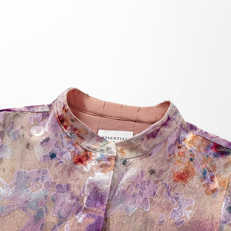 "Imperial Garden Teatime" Silk Velvet Burnished Special Cut Shirt - Dewy Red Smoky Purple