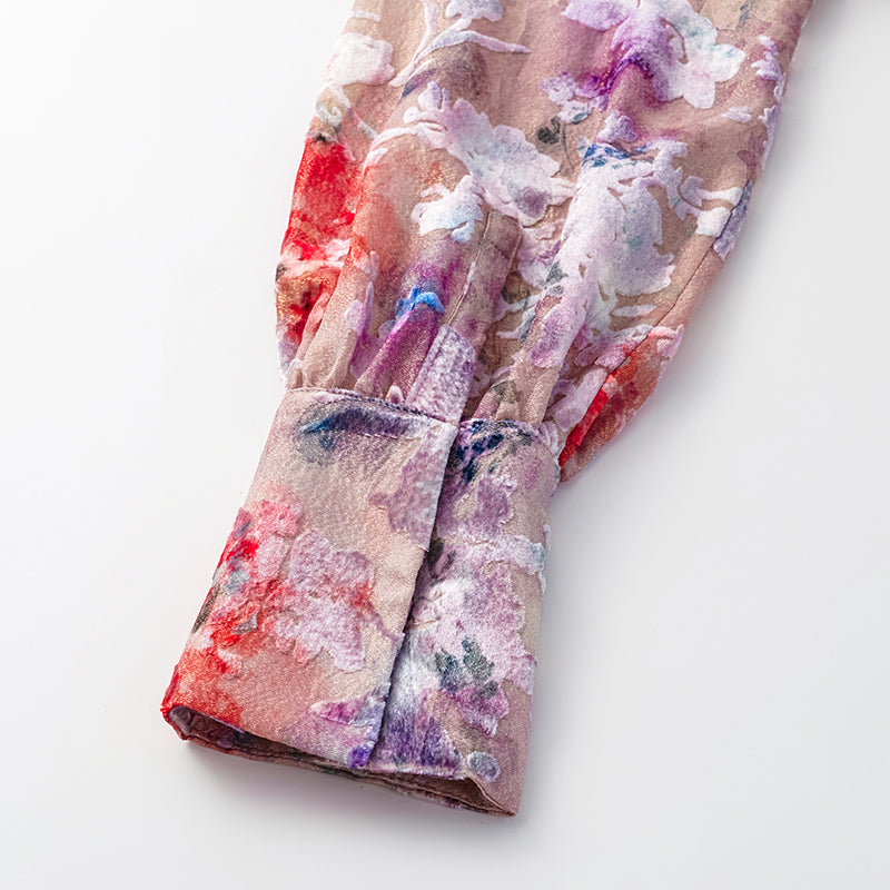 "Imperial Garden Teatime" Silk Velvet Burnished Special Cut Shirt - Dewy Red Smoky Purple