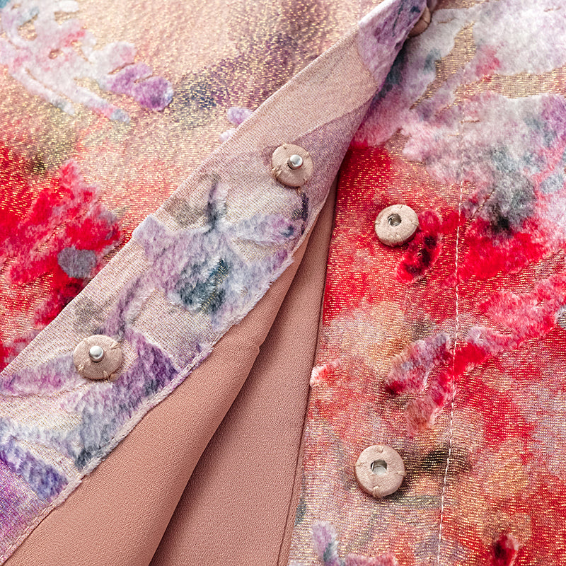 "Imperial Garden Teatime" Silk Velvet Burnished Special Cut Shirt - Dewy Red Smoky Purple