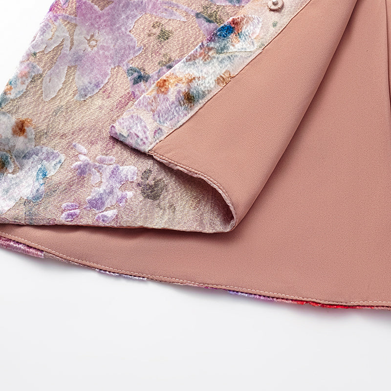 "Imperial Garden Teatime" Silk Velvet Burnished Special Cut Shirt - Dewy Red Smoky Purple