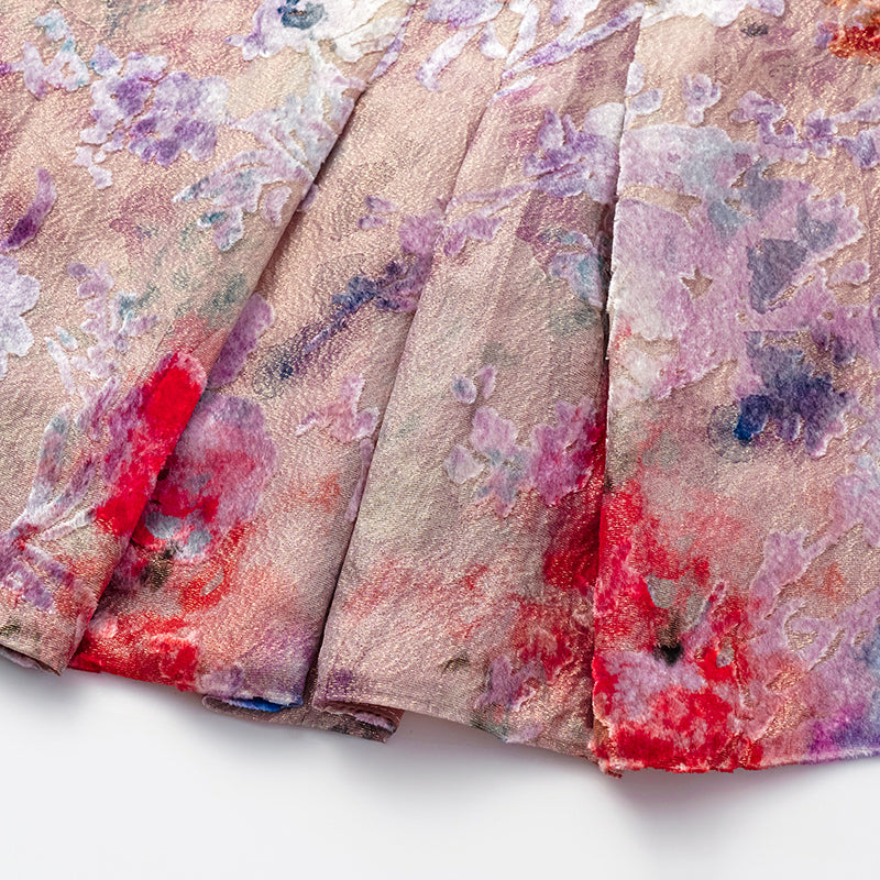 "Imperial Garden Teatime" Silk Velvet Burnished Special Cut Shirt - Dewy Red Smoky Purple