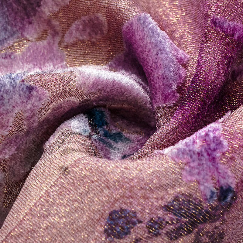 "Imperial Garden Teatime" Silk Velvet Burnished Special Cut Shirt - Dewy Red Smoky Purple