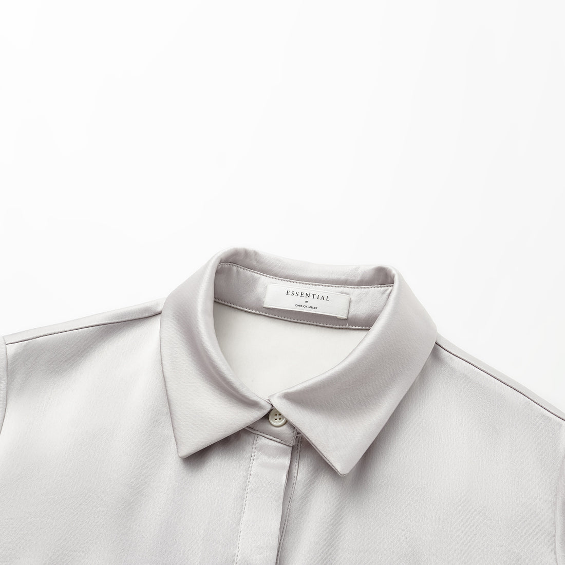 “True Grace.” Crystal scale texture acetate shirt dress—silver gray