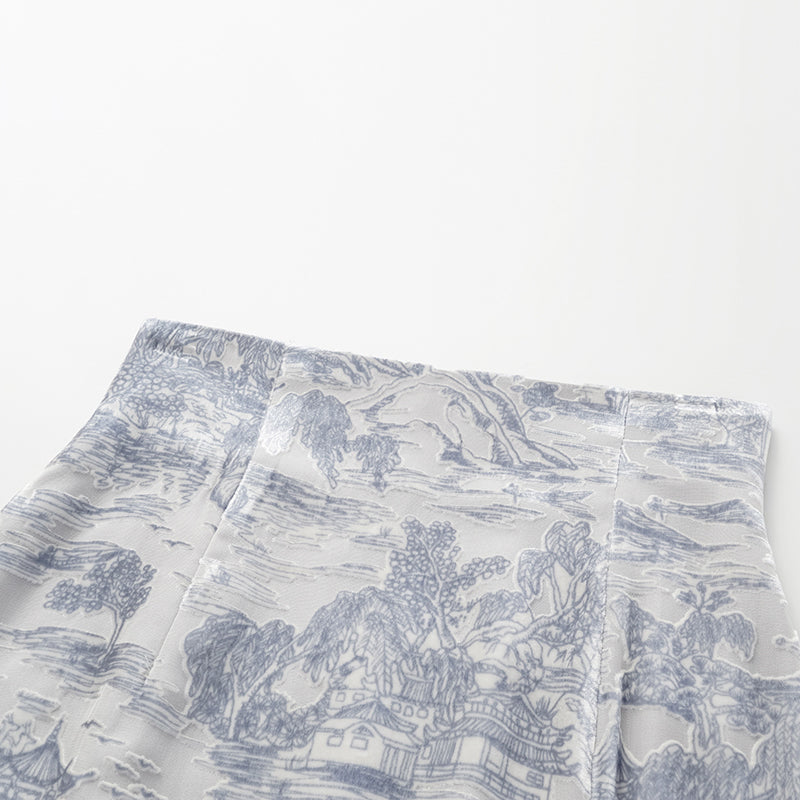 "Imperial Garden Teatime" Silk Velvet Burnt Flower Pencil Skirt - Xingyu Liyun