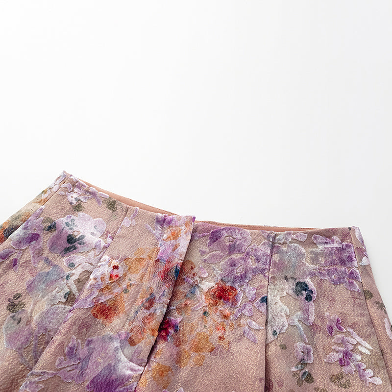 "Imperial Garden Teatime" Silk Velvet Devoré Shorts - Dewy Red Smoky Purple