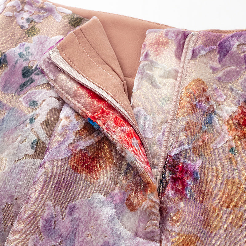 "Imperial Garden Teatime" Silk Velvet Devoré Shorts - Dewy Red Smoky Purple