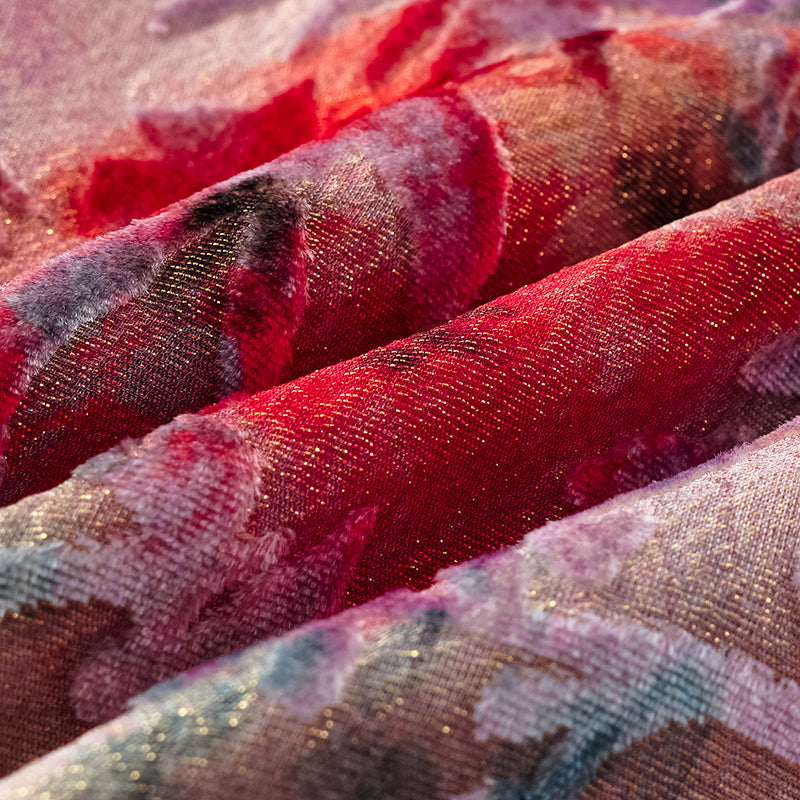 "Imperial Garden Teatime" Silk Velvet Devoré Shorts - Dewy Red Smoky Purple