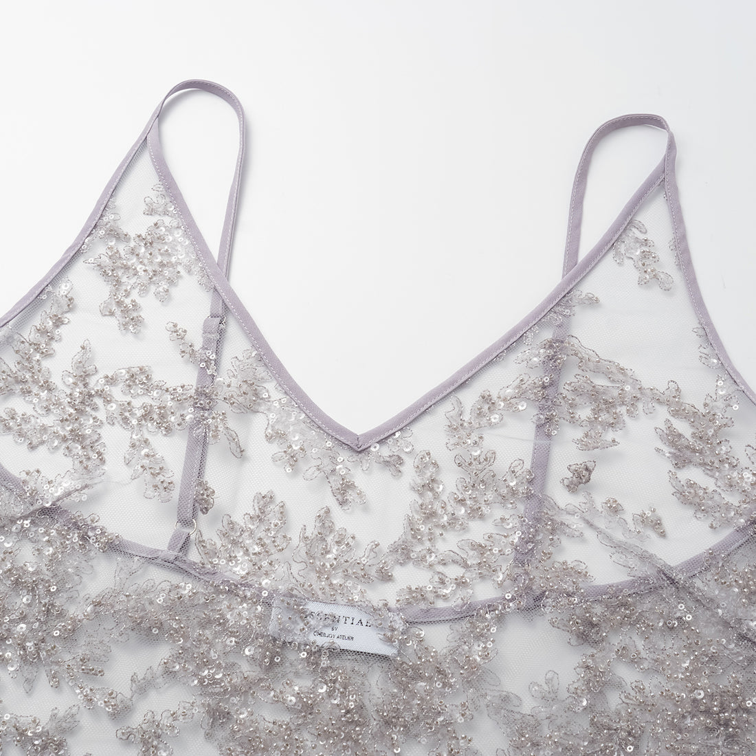 "Tea Banquet" Luxury Beaded Lace Spaghetti Strap Tank Top - Silver