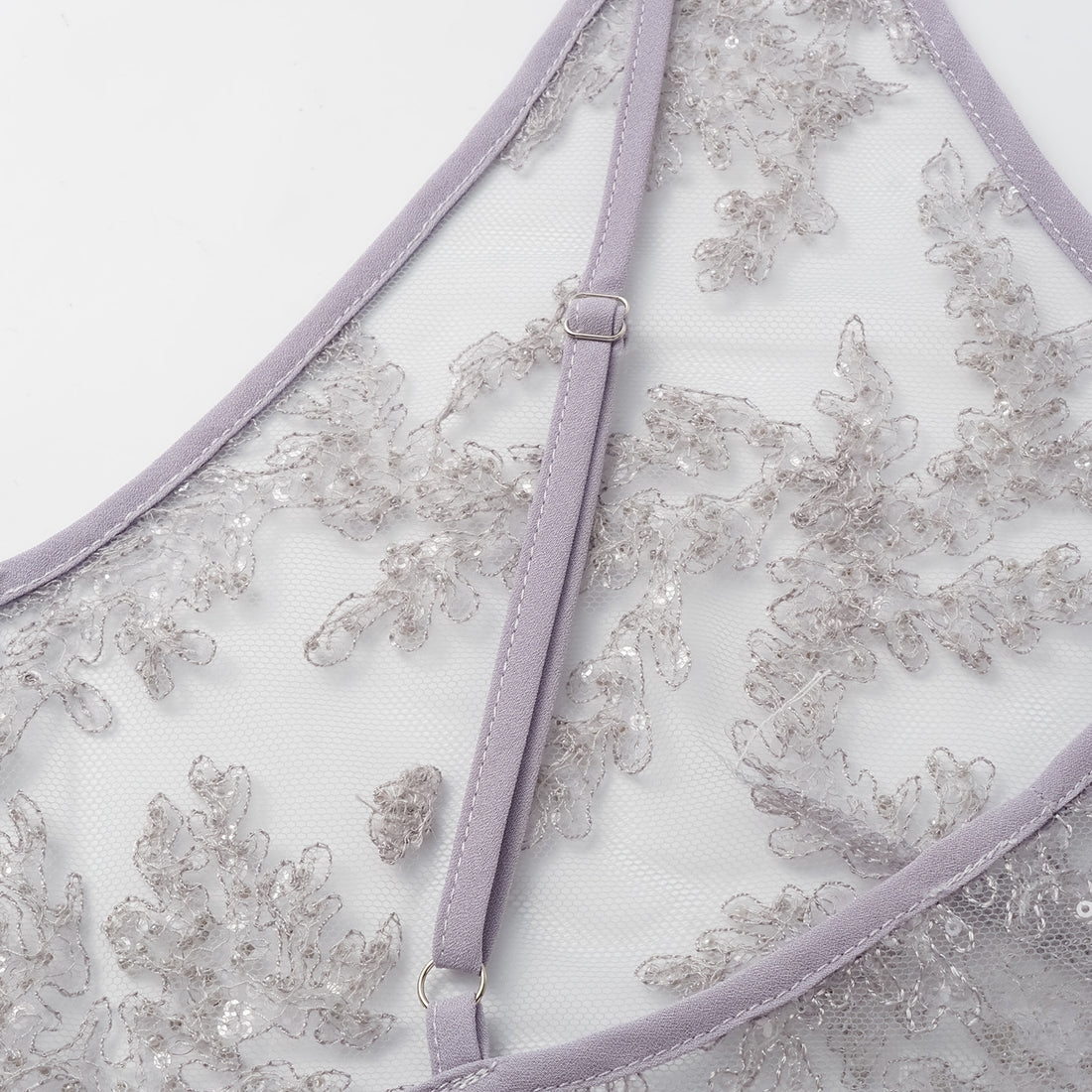 "Tea Banquet" Luxury Beaded Lace Spaghetti Strap Tank Top - Silver
