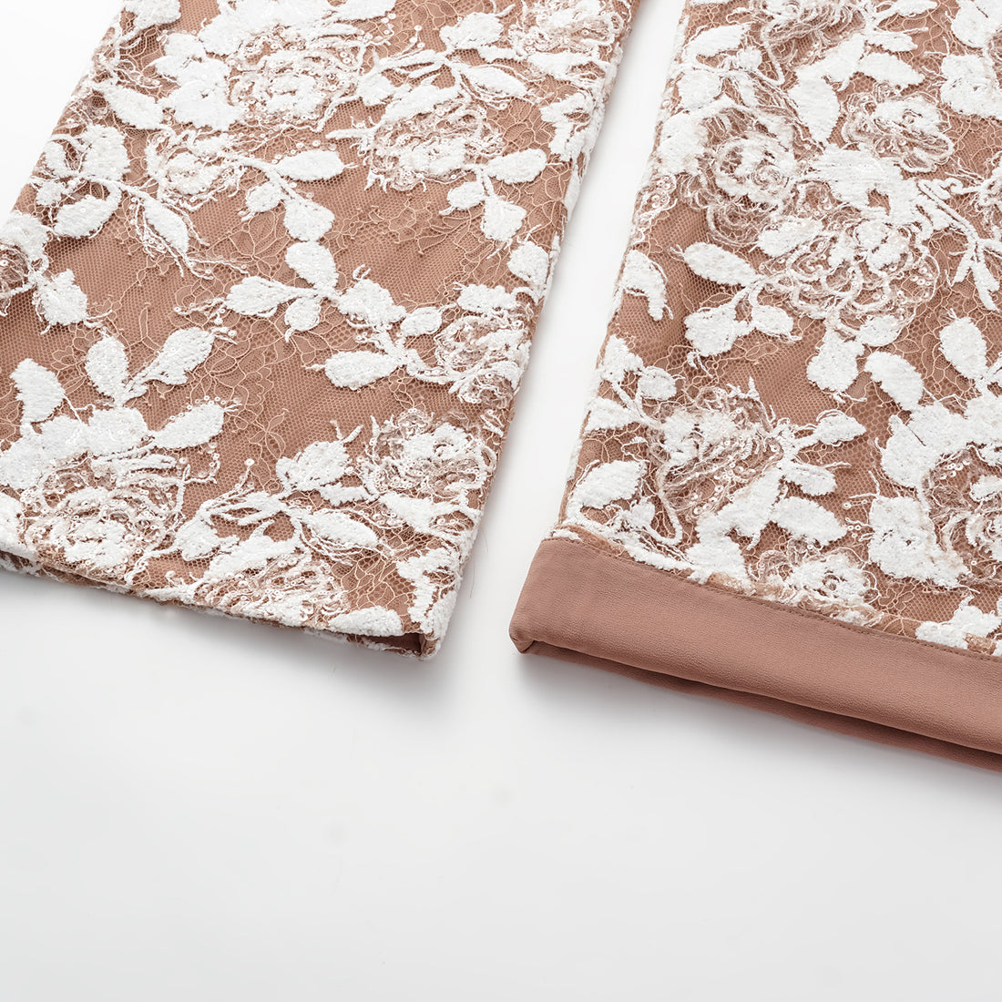 “Welcome to my party.” Wide-leg trousers with velvet embroidery—Champagne
