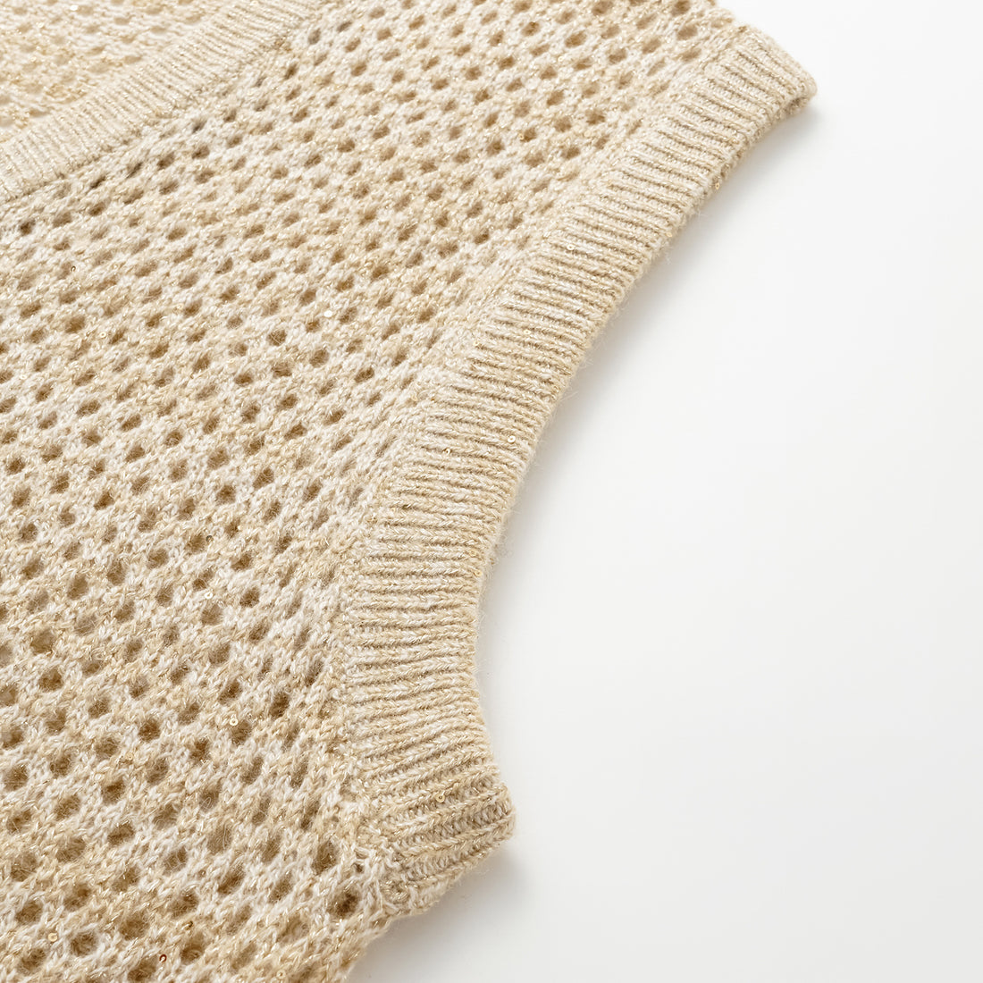 "Chelsea Citywalk." 100% Cashmere Sequined Lace Braided Knit Vest - Honey Latte