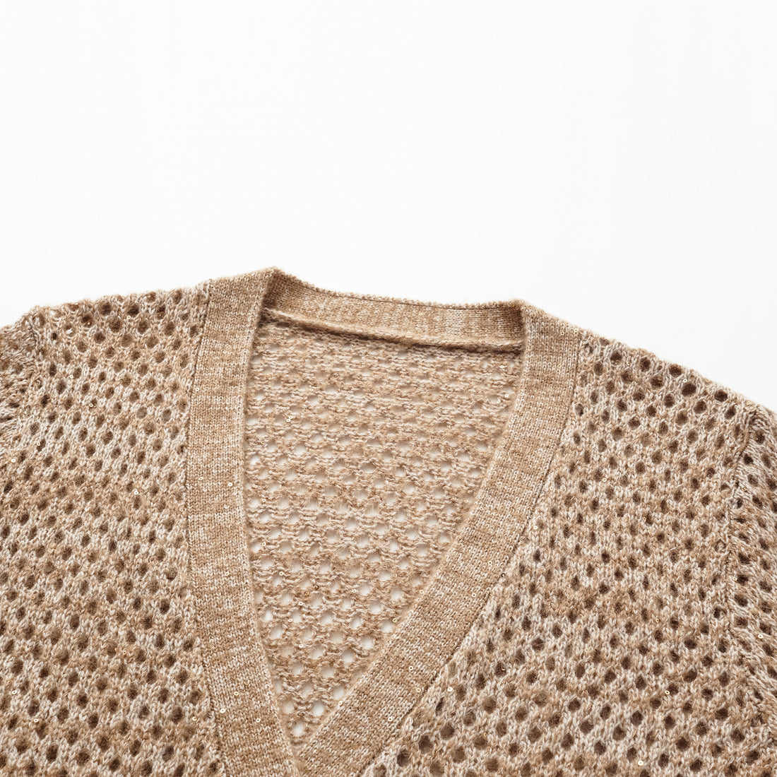 "Chelsea Citywalk." 100% Cashmere Sequined Lace Woven Knit Cardigan - Cinnamon Latte