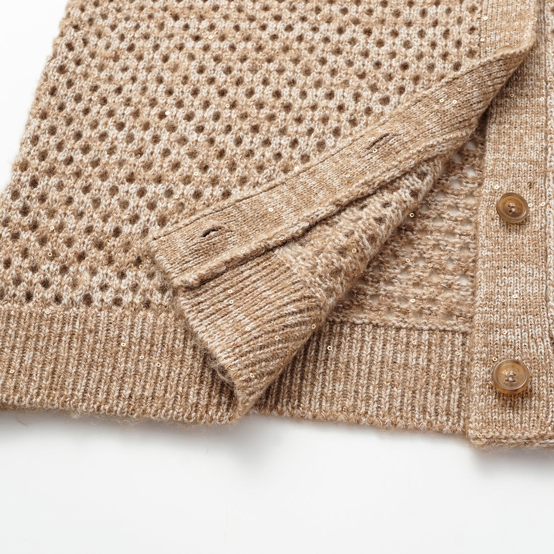 "Chelsea Citywalk." 100% Cashmere Sequined Lace Woven Knit Cardigan - Cinnamon Latte