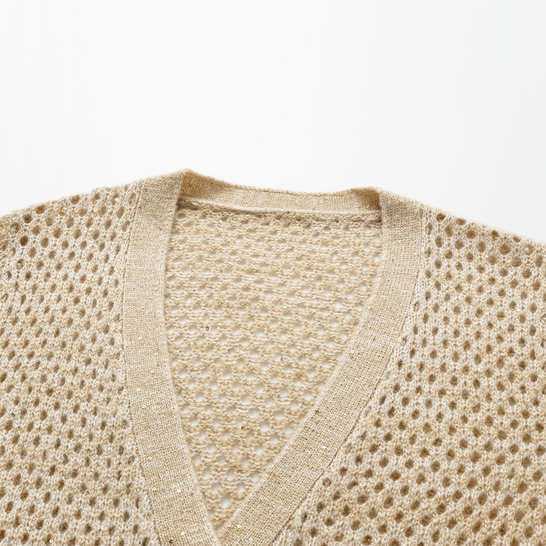 "Chelsea Citywalk." 100% Cashmere Sequined Lace Woven Knit Cardigan - Honey Latte