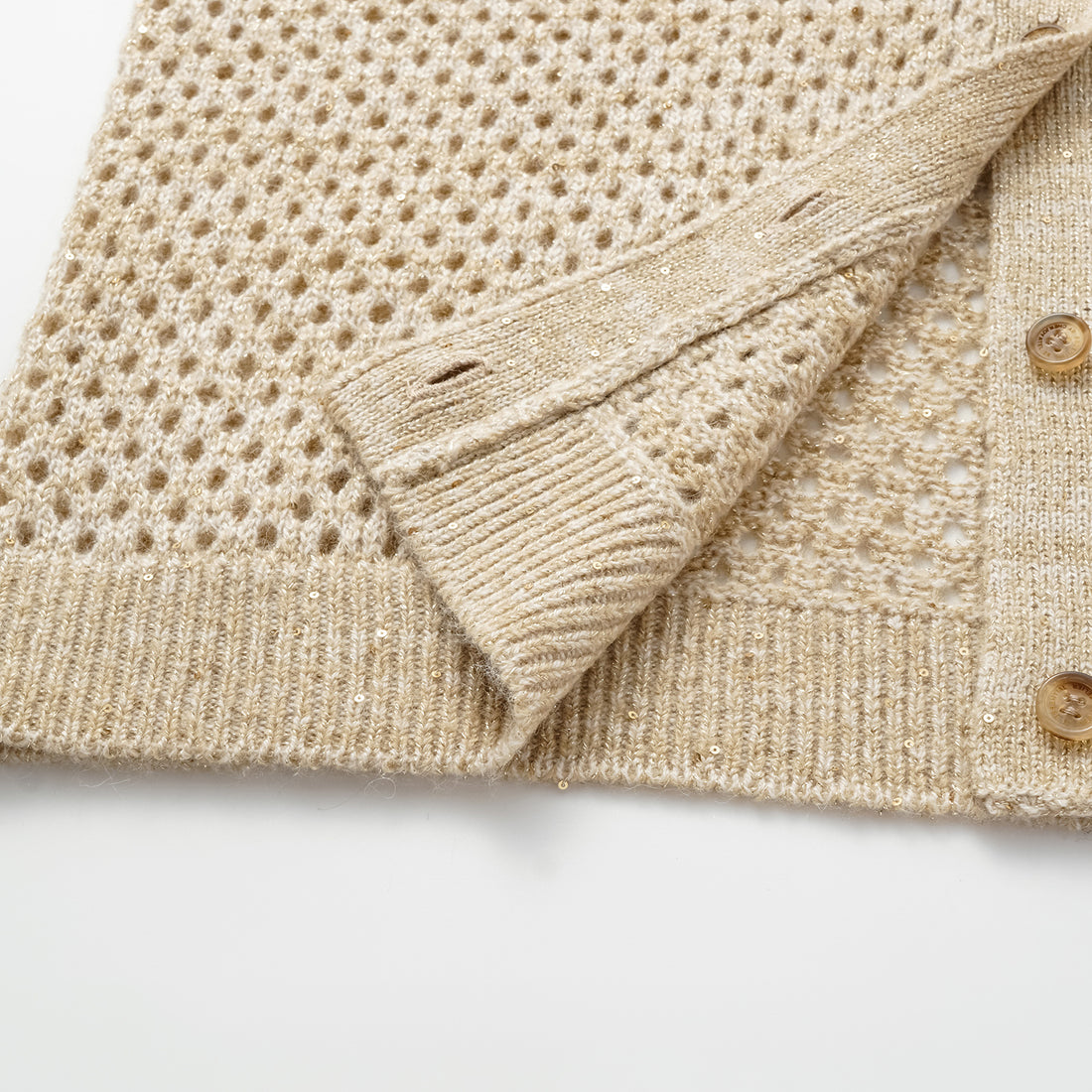"Chelsea Citywalk." 100% Cashmere Sequined Lace Woven Knit Cardigan - Honey Latte