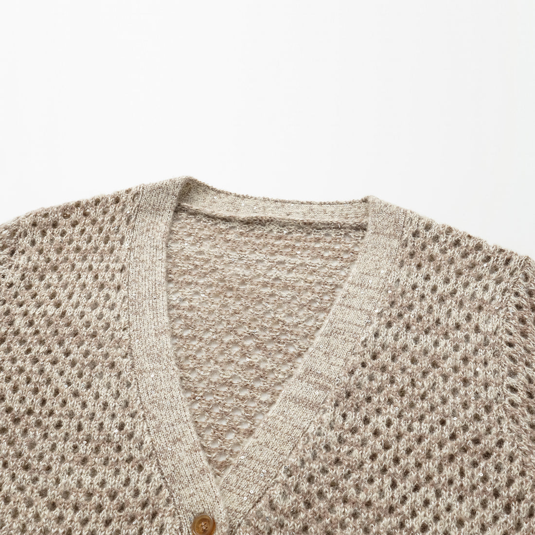 "Chelsea Citywalk." 100% Cashmere Sequined Lace Braided Knit Cardigan - Almond Cappuccino