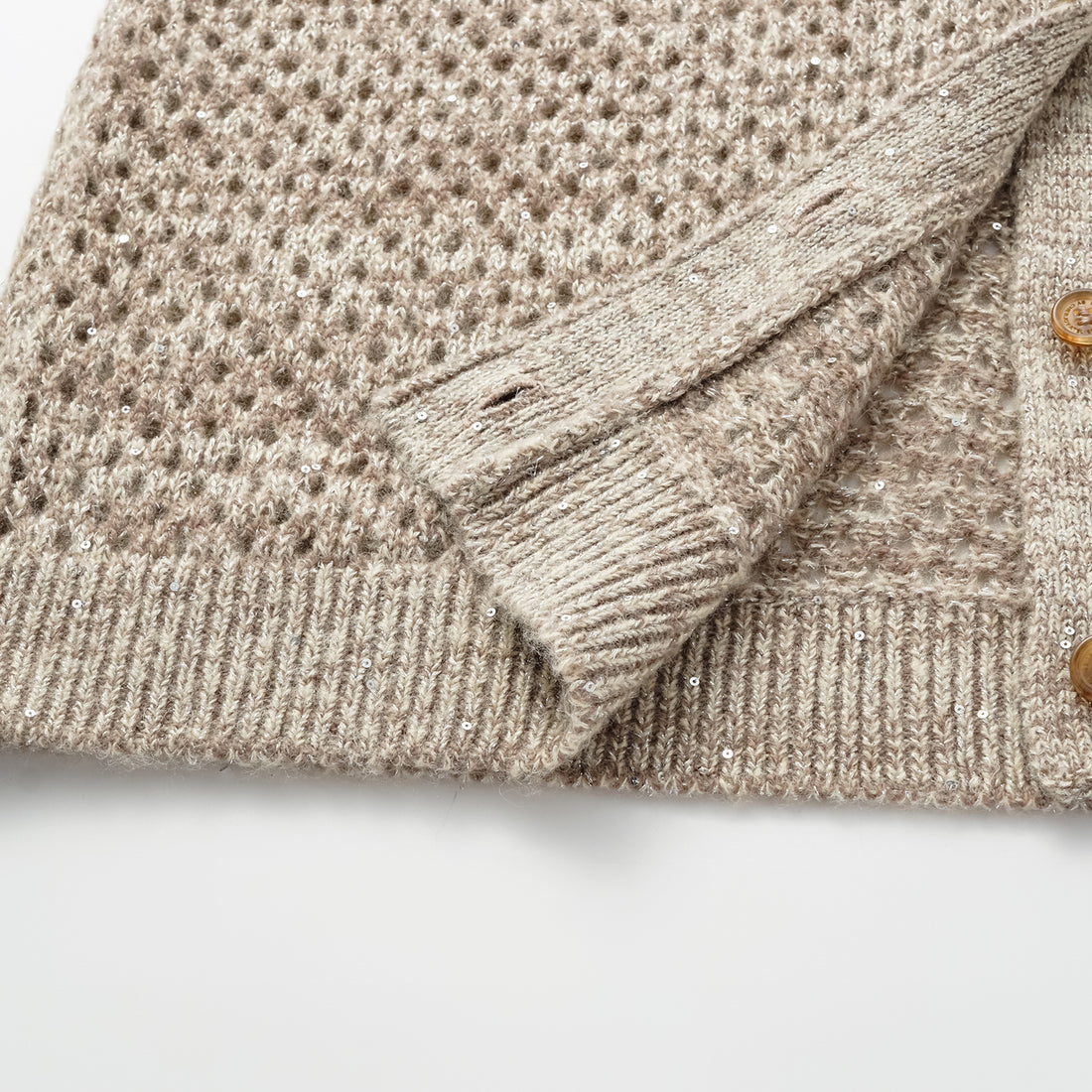 "Chelsea Citywalk." 100% Cashmere Sequined Lace Braided Knit Cardigan - Almond Cappuccino