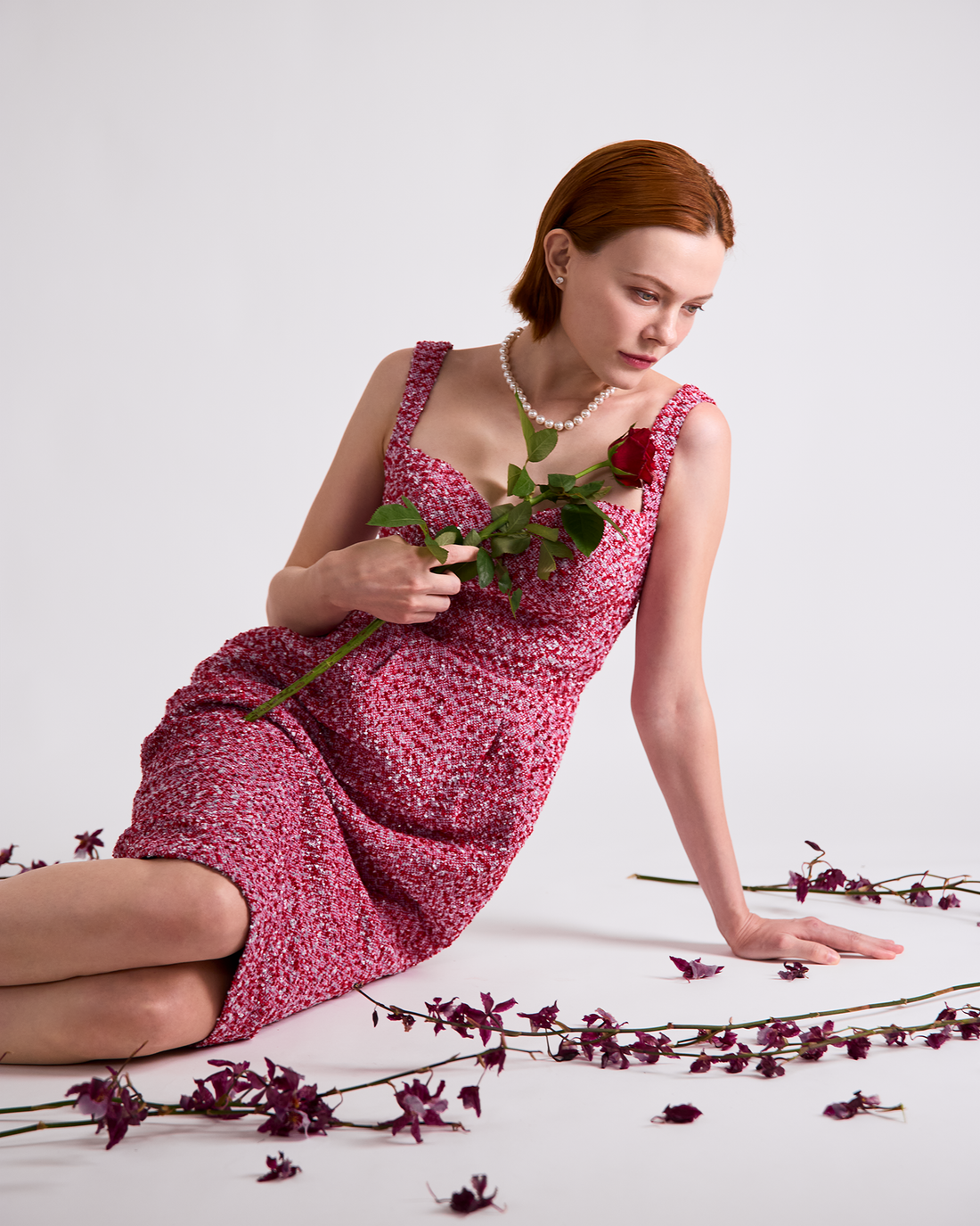 “Brunch at Ritz”義大利夏日輕薄花呢立體剪裁修身桃心領洋裝—Cherry Mousse櫻桃慕斯