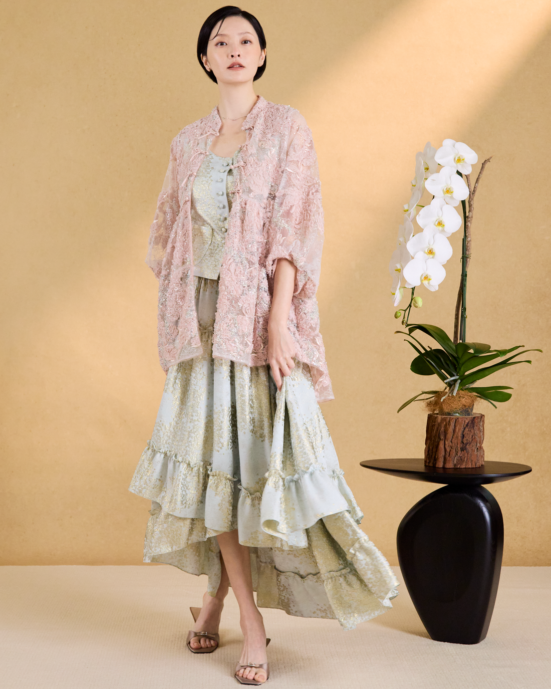 “Golden Trace 金箔花跡”義大利花影真絲緹花層次剪裁長裙 1