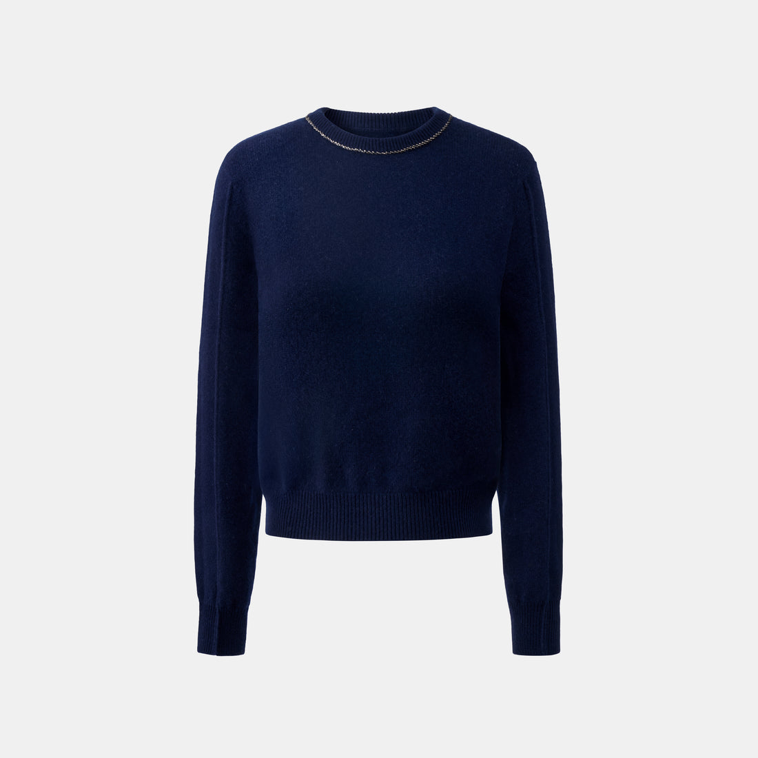 “盛裝慢行 Elegance Unhurried • 午夜藍 Midnight Blue” 100% Cashmere 手工珠繡圓領針織墊肩上衣 2