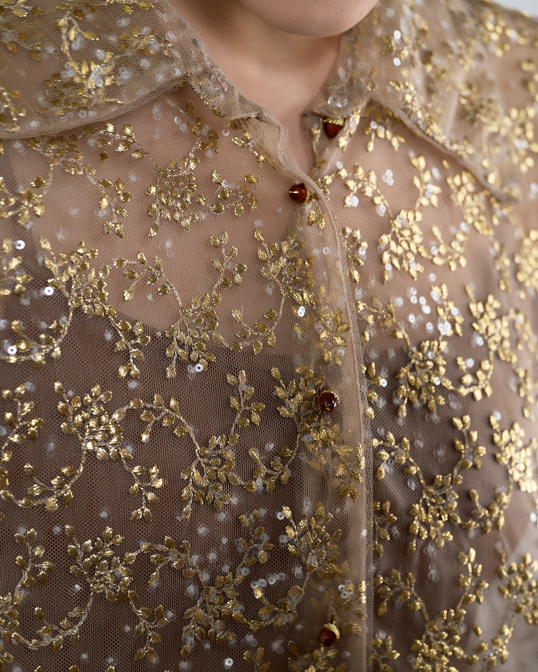 “Golden Pollen 金蕊微香”法國金葉刺繡工藝蕾絲羊腿袖襯衫 2