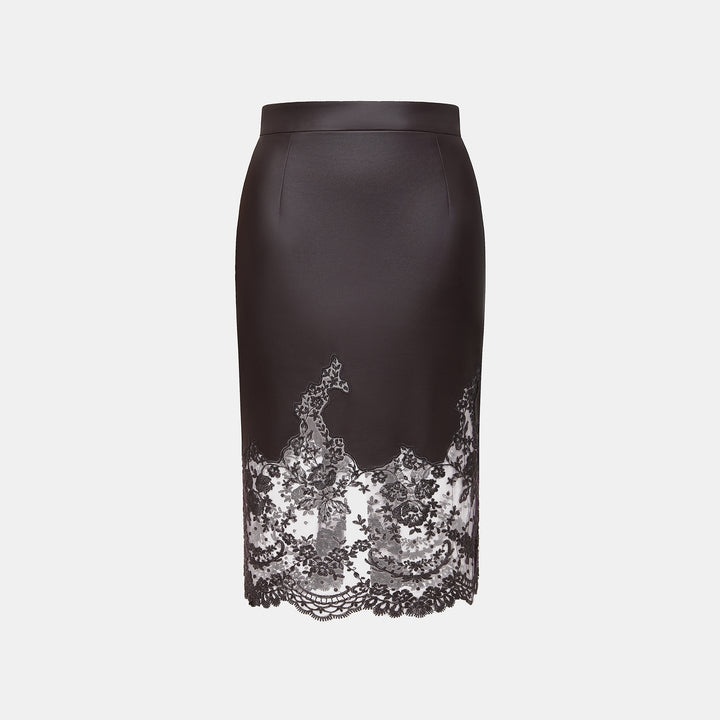 “Quiet Mastery.” 法國純素皮革織嵌花繡蕾絲鉛筆裙—Iris on Skin 鳶尾之吻