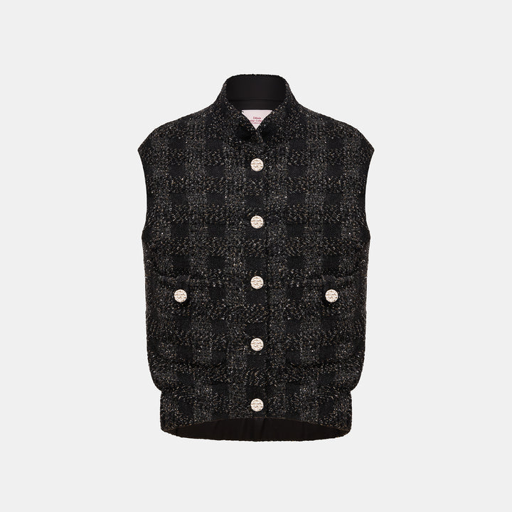 “Chelsea tea time.”義大利頂級初剪羊毛燦金星點Oversized花呢背心—Cosmic Bloom星河煙花