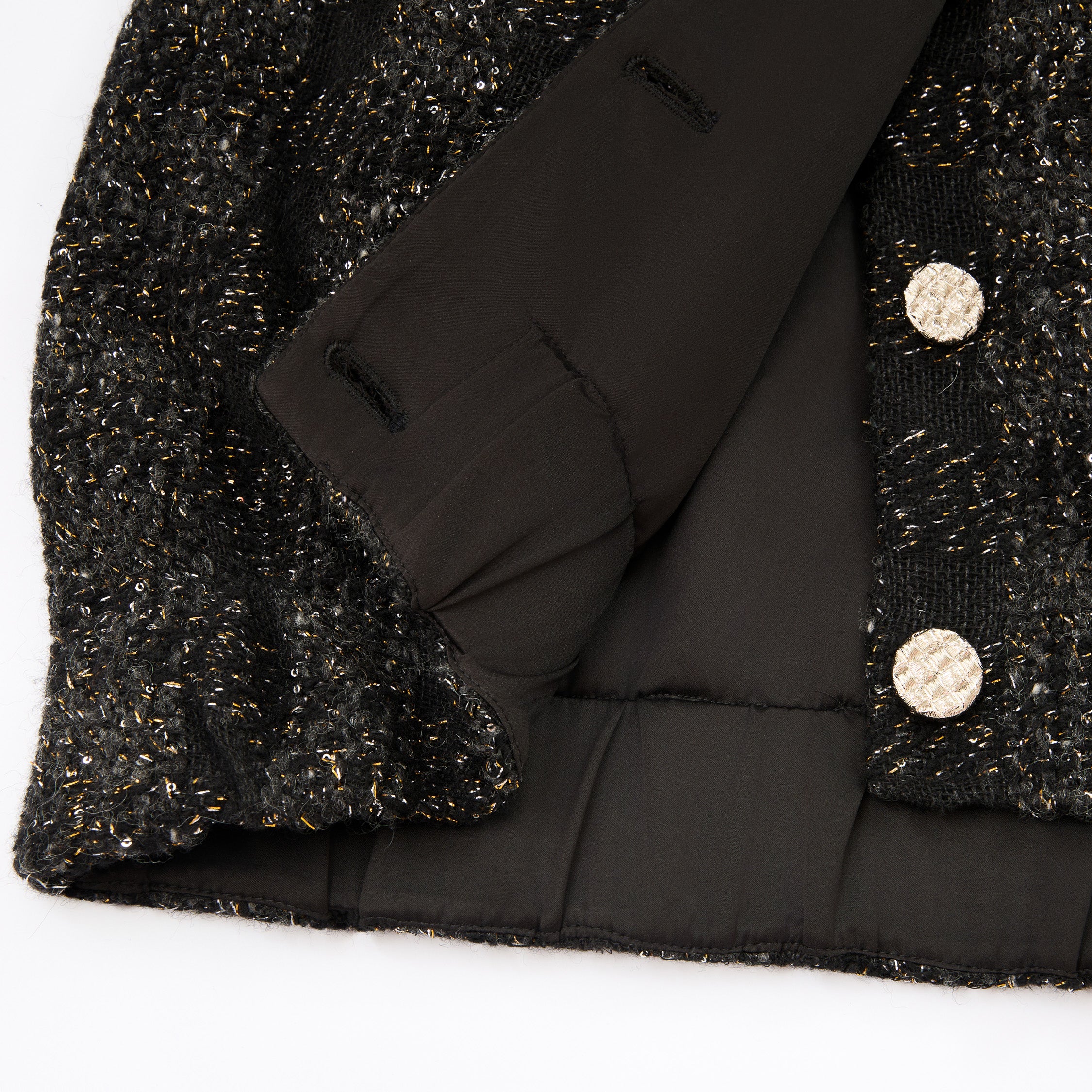 “Chelsea tea time.”義大利頂級初剪羊毛燦金星點Oversized花呢背心—Cosmic Bloom星河煙花