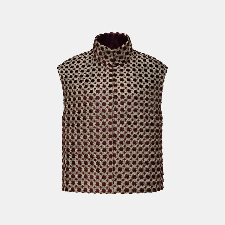 “Sloane Ave."法國特殊菱紋縷金環保皮草國風馬甲外套—Crimson Glow金雀織夢