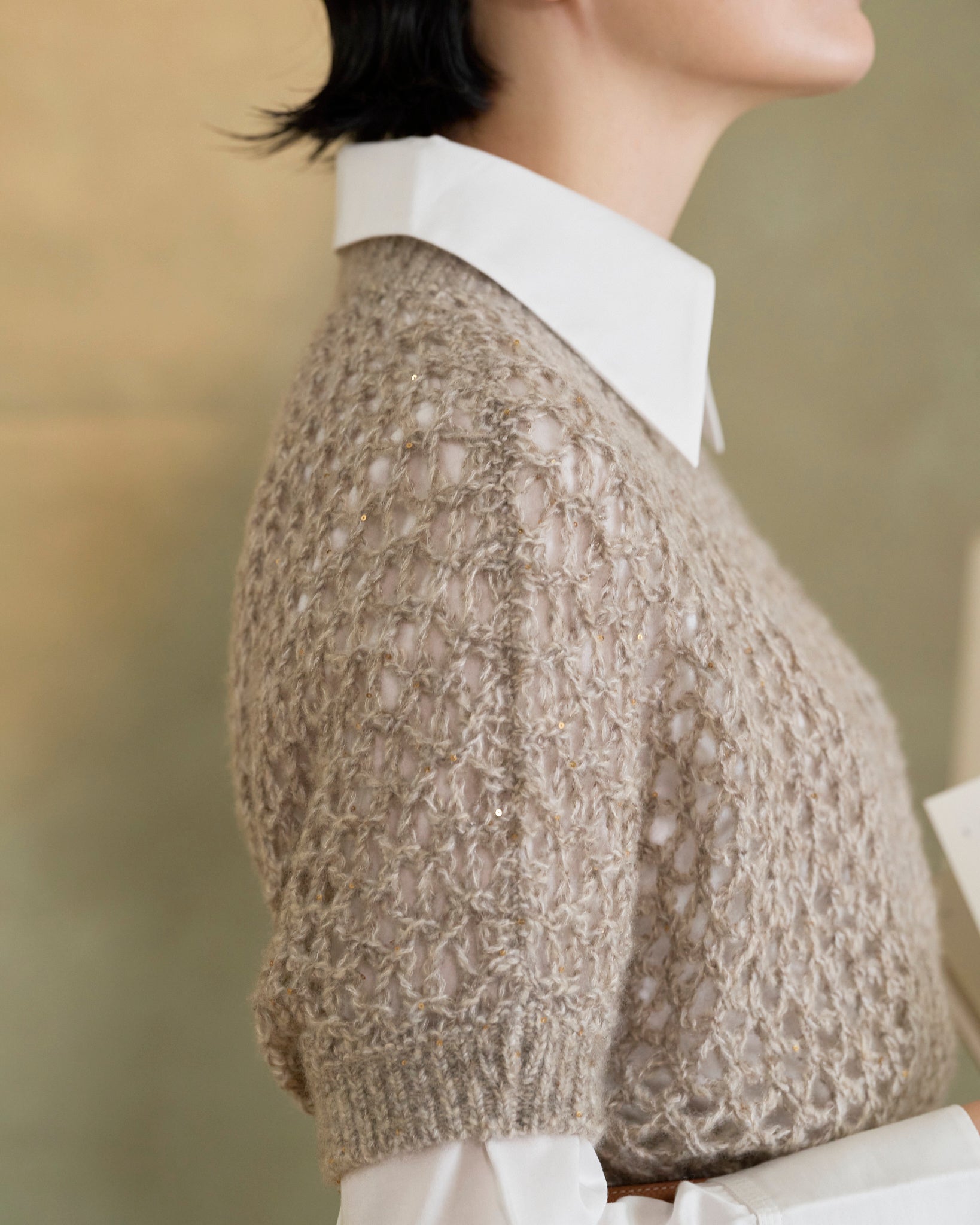 “璀璨日常 Effortless Radiance • 燕麥 Oatmeal” 真絲 Cashmere 鏤空亮片編織針織上衣