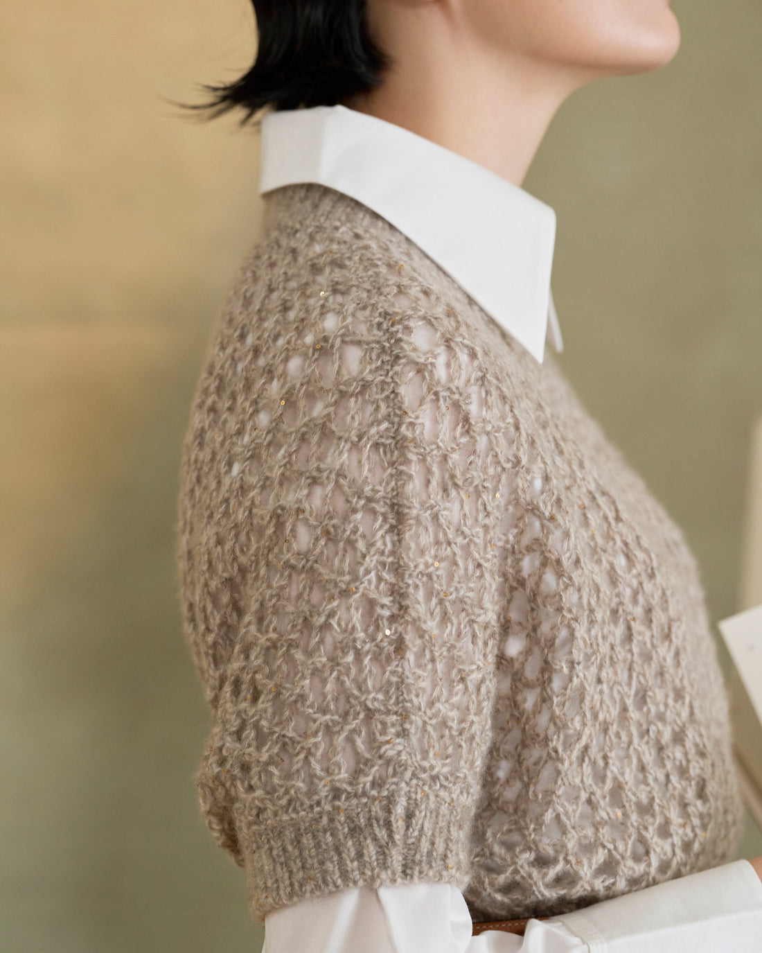 “璀璨日常 Effortless Radiance • 燕麥 Oatmeal” 真絲 Cashmere 鏤空亮片編織針織上衣