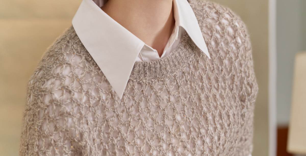 “璀璨日常 Effortless Radiance • 燕麥 Oatmeal” 真絲 Cashmere 鏤空亮片編織針織上衣