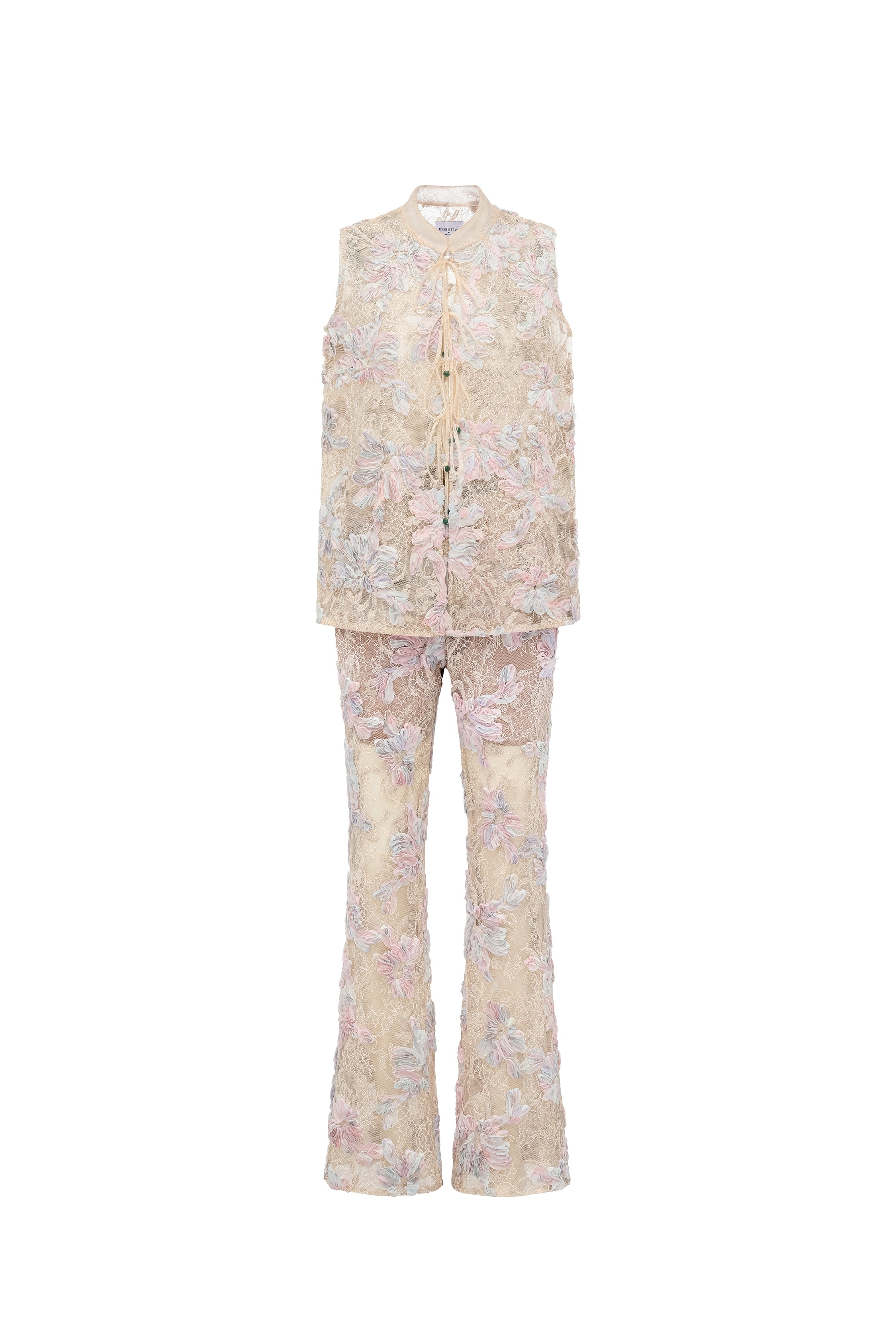 "Imperial Garden Teatime." 染緞隨畫工藝輕國風蕾絲喇叭褲— 晨曦花霧 Dawn Mist Bloom