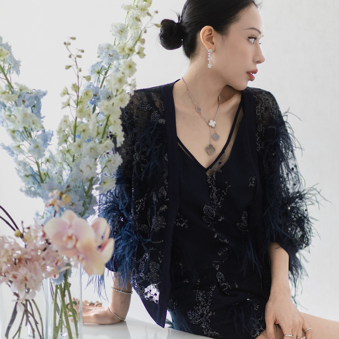 "Imperial Garden Teatime."長羽花繡奢華珠繡蕾絲輕國風短褲—Feather Dream煙羅羽夢