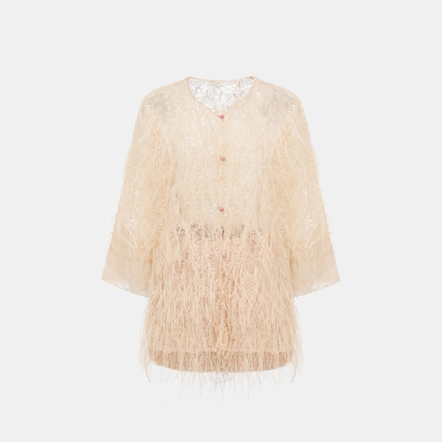 "Imperial Garden Teatime."珠繡羽毛工藝輕國風罩衫—Veloura Elixir羽金瑰夏