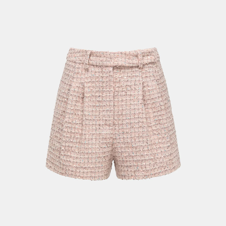 “Chelsea teatime.” Tweed shorts—Pink marshmallow 