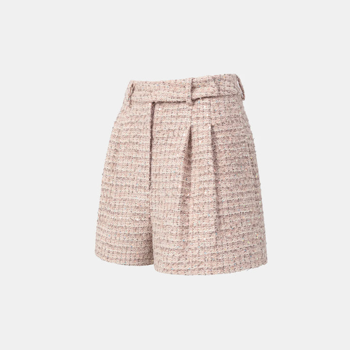 “Chelsea teatime.” Tweed shorts—Pink marshmallow 